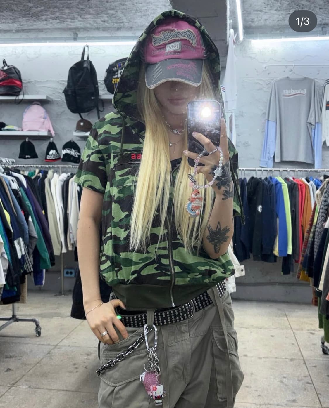 착샷O 빈티지 갸루 펑크 카모 반팔 후드집업 상품이미지3