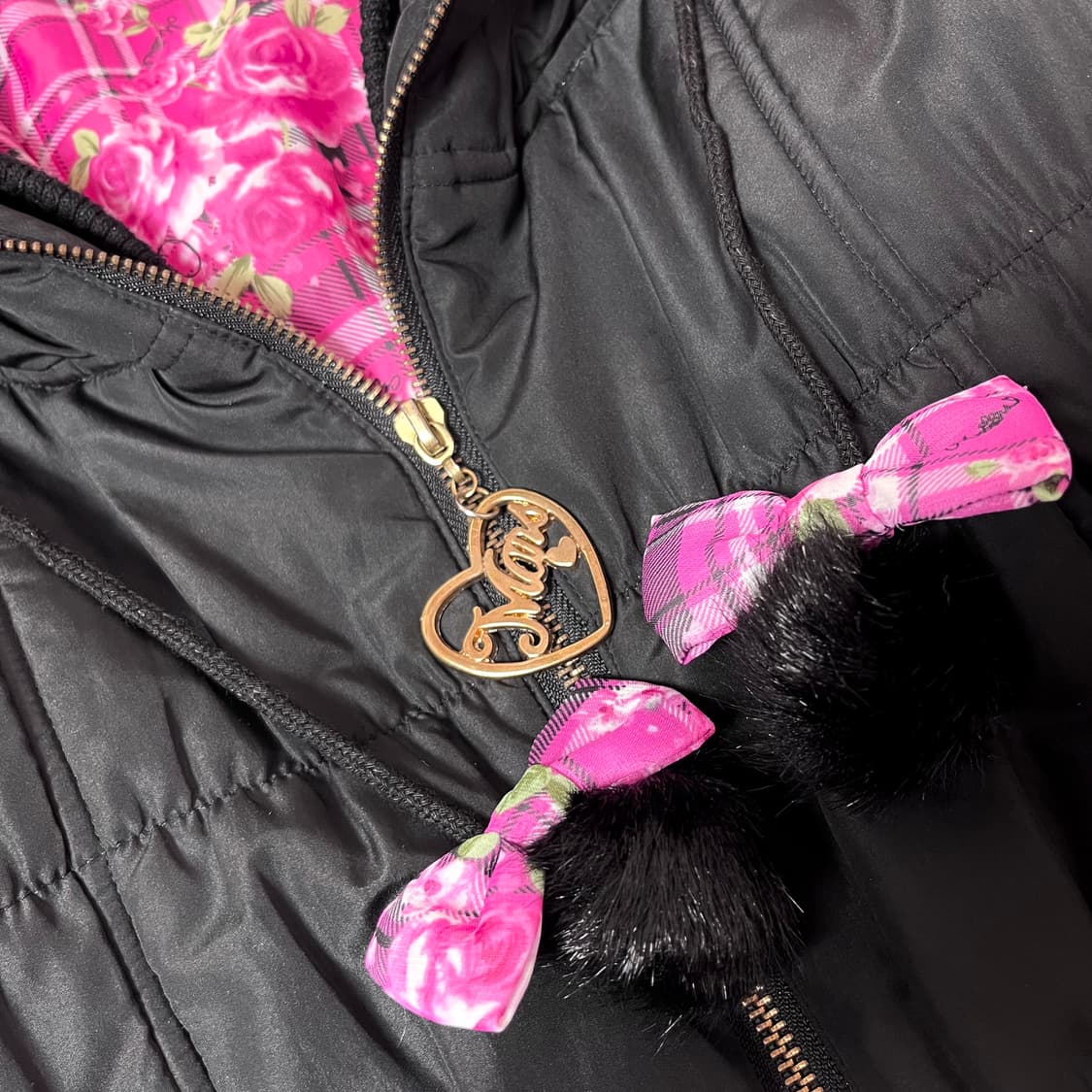 MA*RS마즈 블랙핑크 로즈체크 리본 폼폼 패딩 히메 오네갸루 핀터대장 상품이미지2