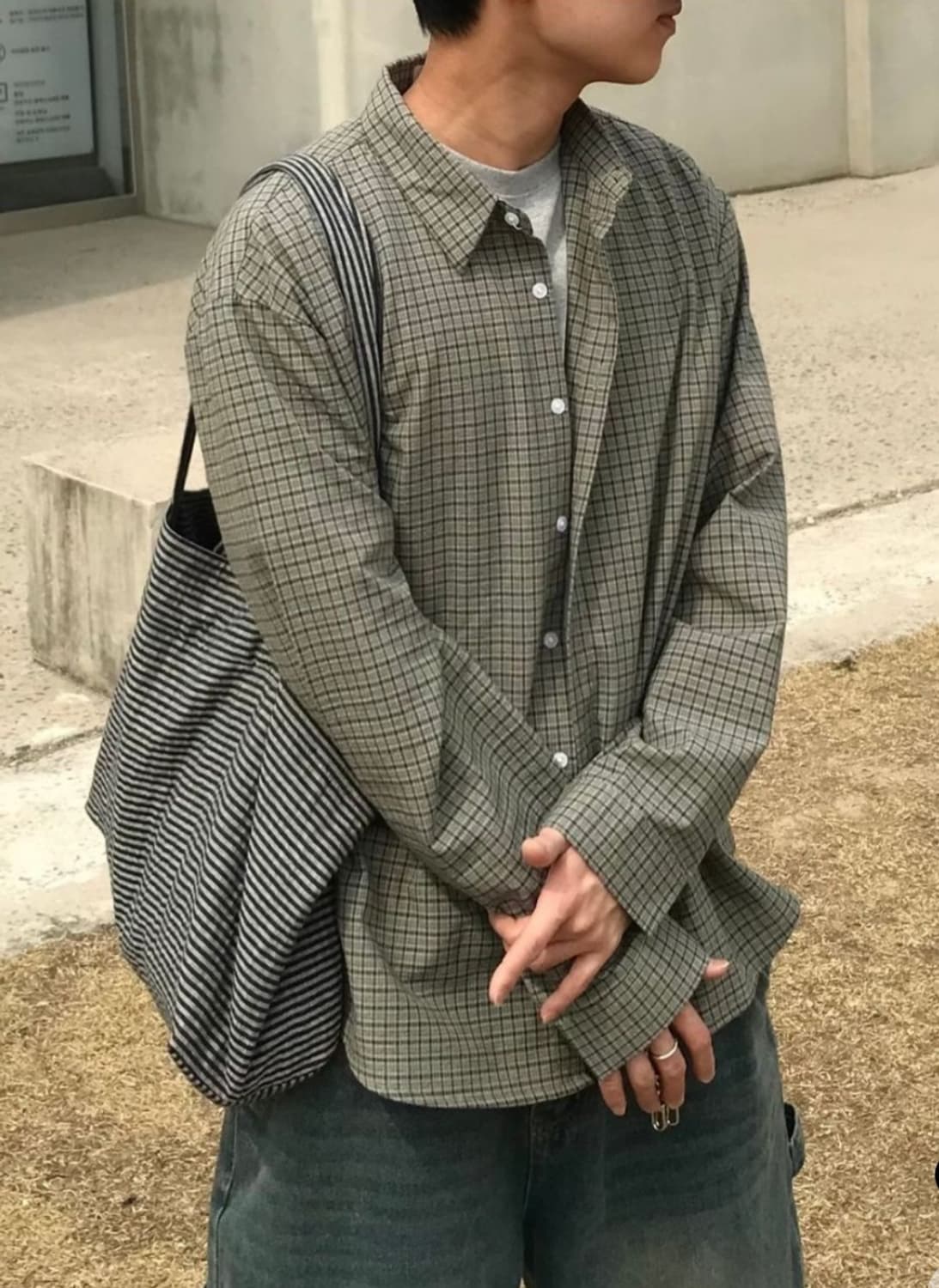피넛 배색 체크 남방 플란넬 셔츠 카키 이퀄 equal 상품이미지1