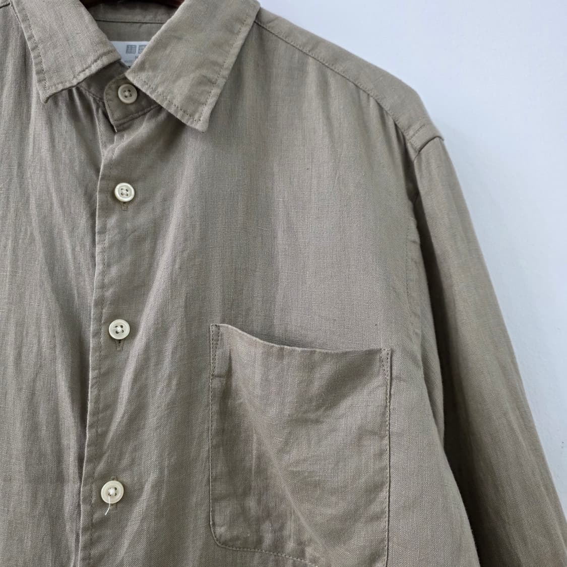 재팬 유니클로 린넨100 카키 베이지 셔츠 남녀공용 상품이미지5