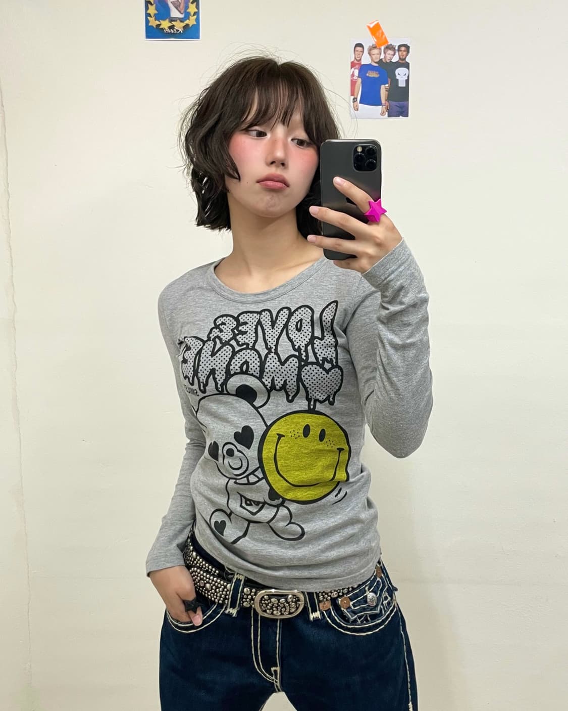 Love Money Bear Smile Gray Long Sleeve 상품이미지1