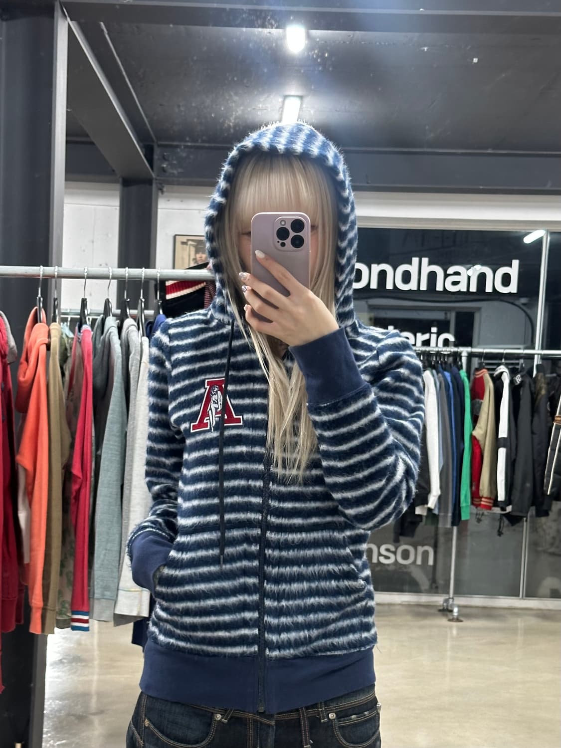 히스테릭 글래머 모헤어 스트라이프 후드 집업 상품이미지1