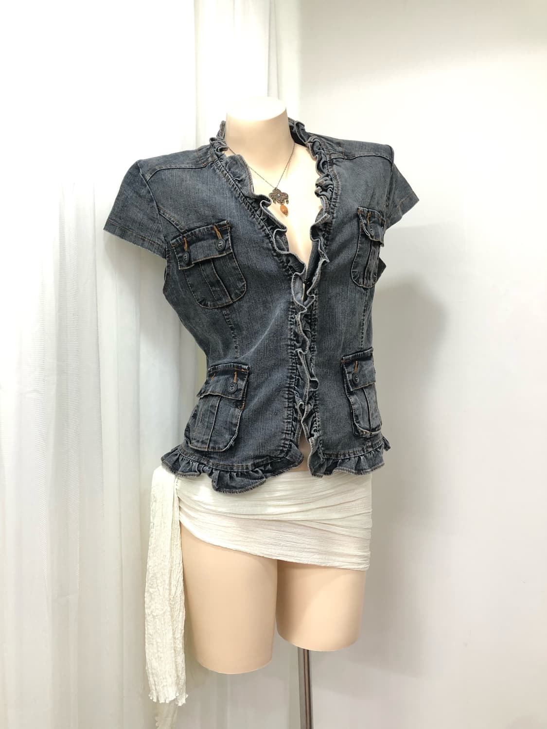 ruffle trim denim short sleeve jacket    상품이미지3