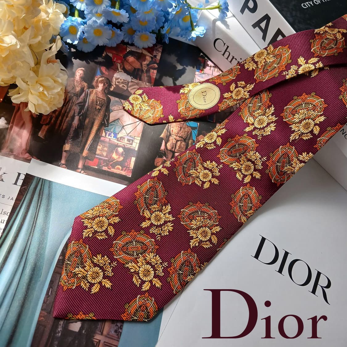 크리스찬디올 와인 플로럴 오너먼트 패턴 넥타이 9.5cm A등급 E950 상품이미지2