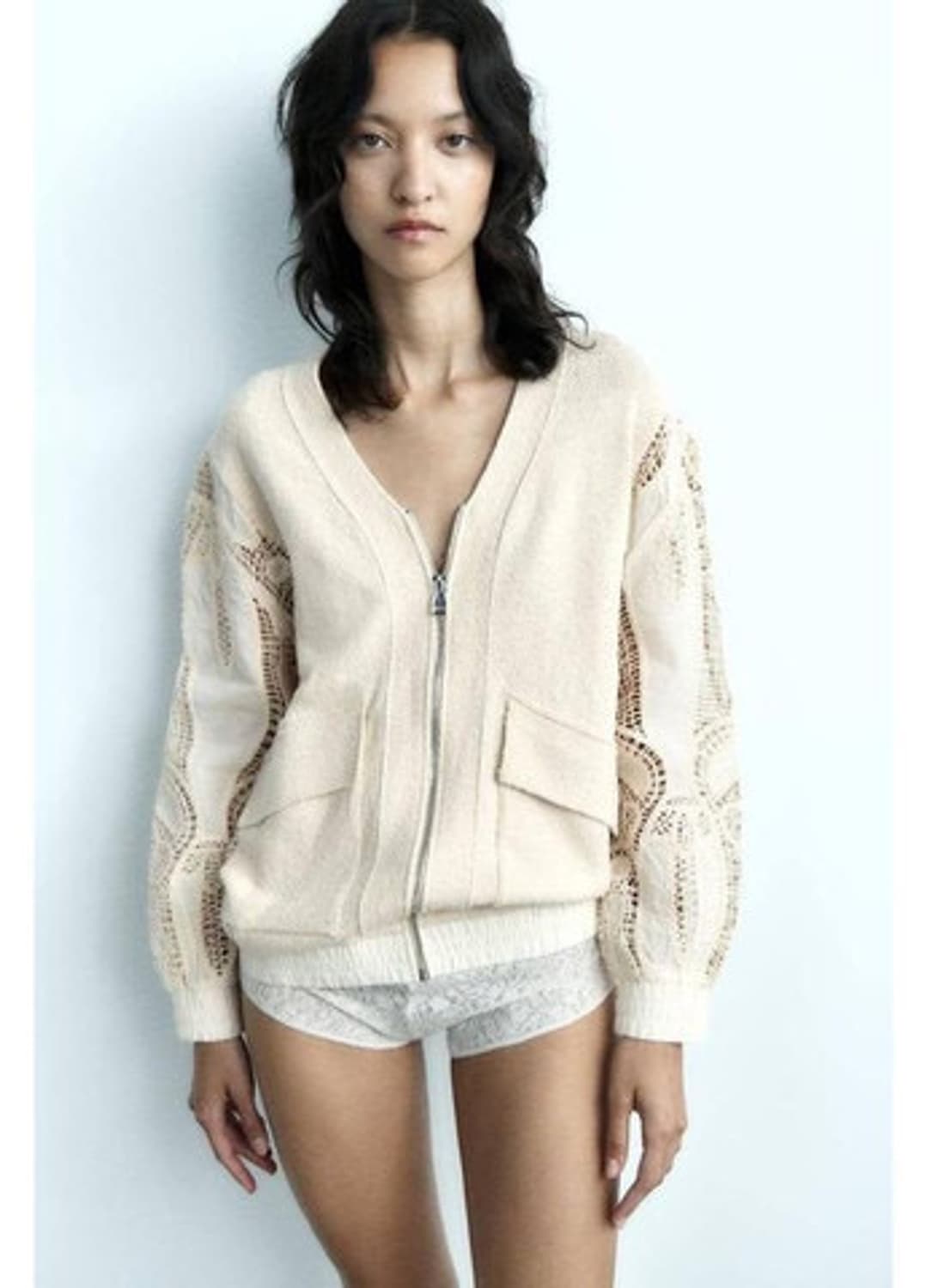 ZARA 자라 크로셰 니트 집업 가디건 자켓 아이보리 M 상품이미지1