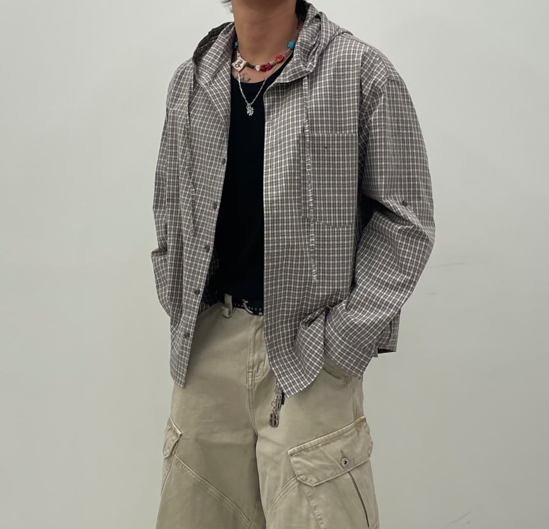 일로 롤업 체크 후드셔츠 상품이미지1