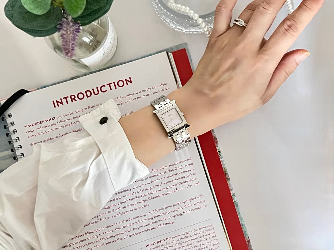 HERMES 에르메스 12p 다이아 핑크 쉘 H 아워 시계 상품이미지10