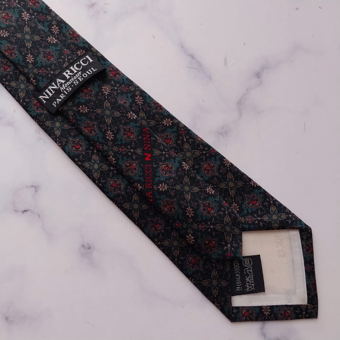 니나리치 블랙 그린 패턴 넥타이 8.2cm S~A+등급 K2441 상품이미지8