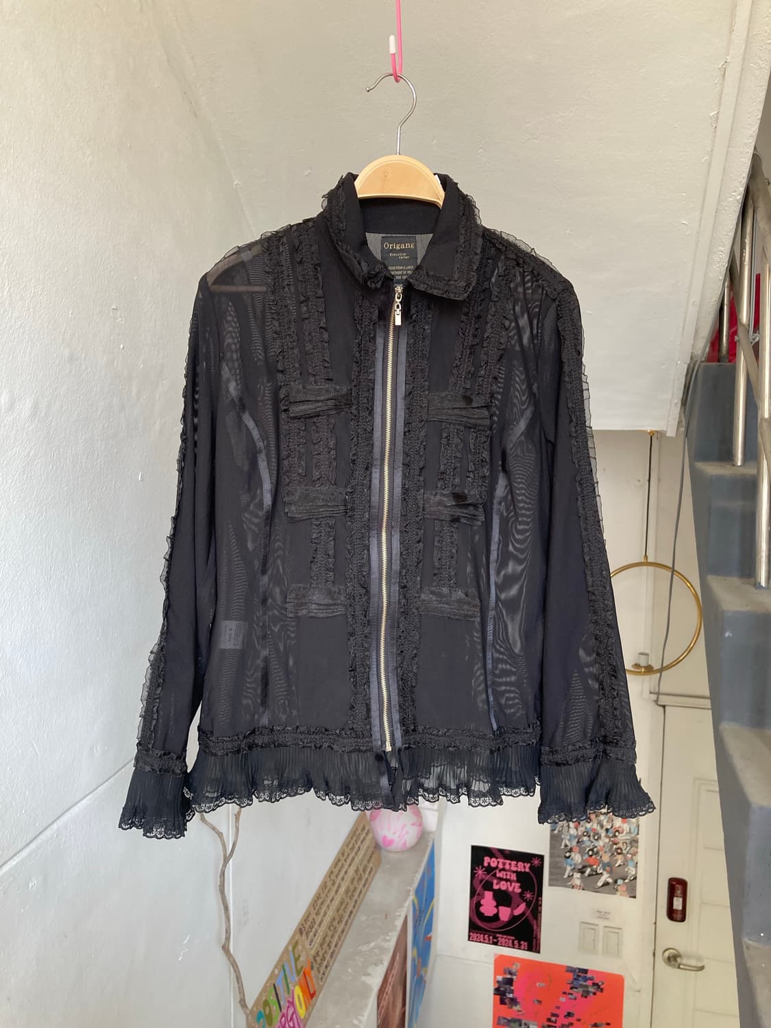 블랙 시스루 레이스 집업 블라우스 상품이미지1