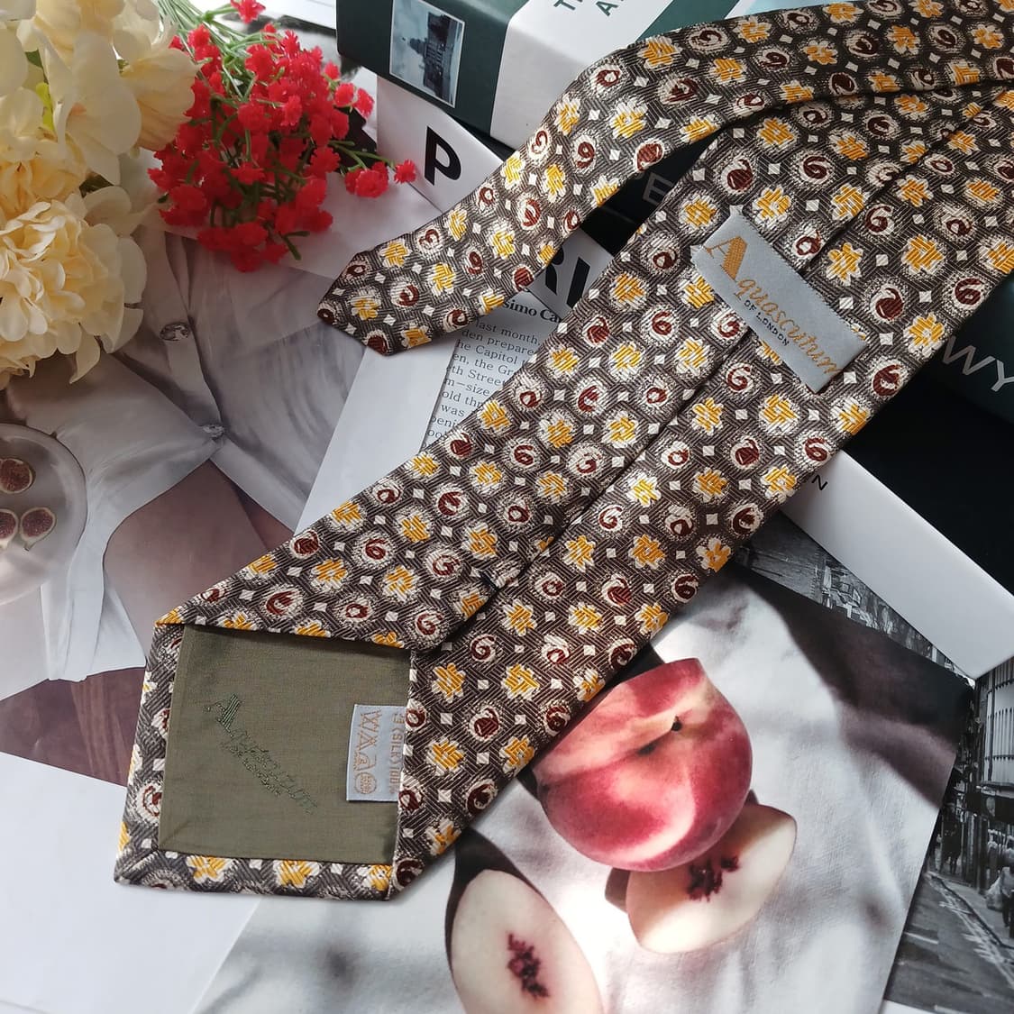 아쿠아스큐텀 실크 브라운 패턴 넥타이 9.4cm A+등급 e866 상품이미지5