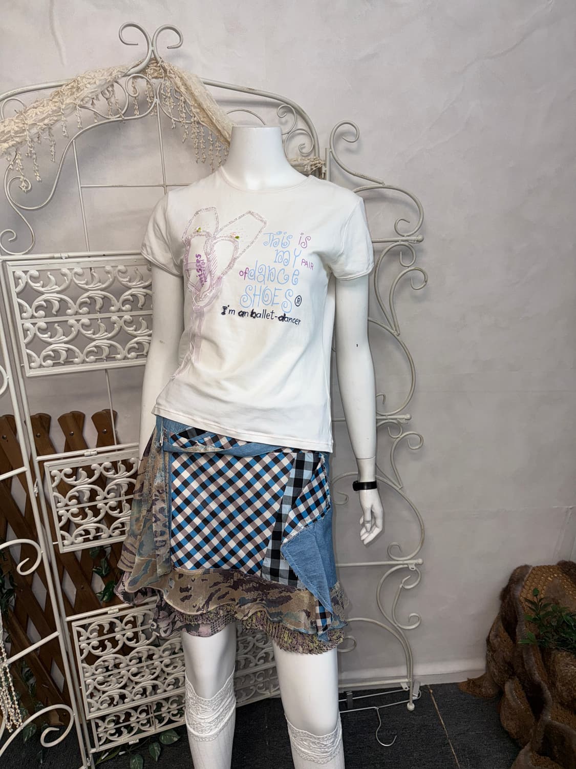 White ballet shoes beads ribbon half t  상품이미지5