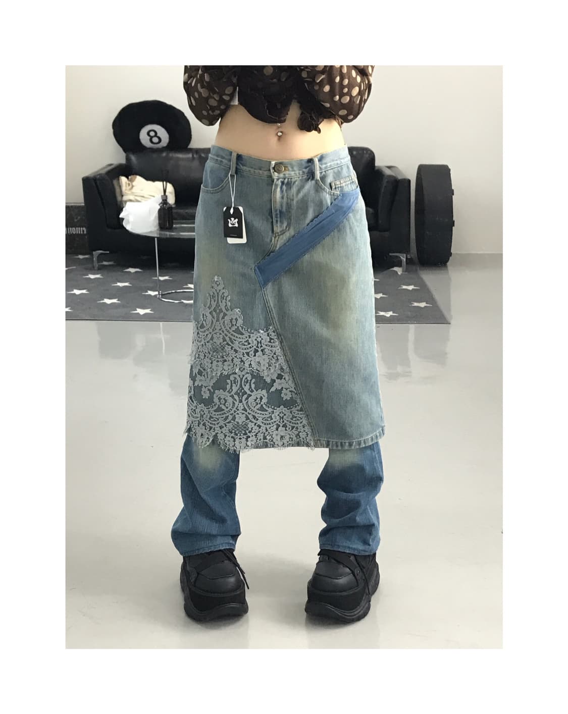 Vintage Denim lace details Midi Skirts 상품이미지1
