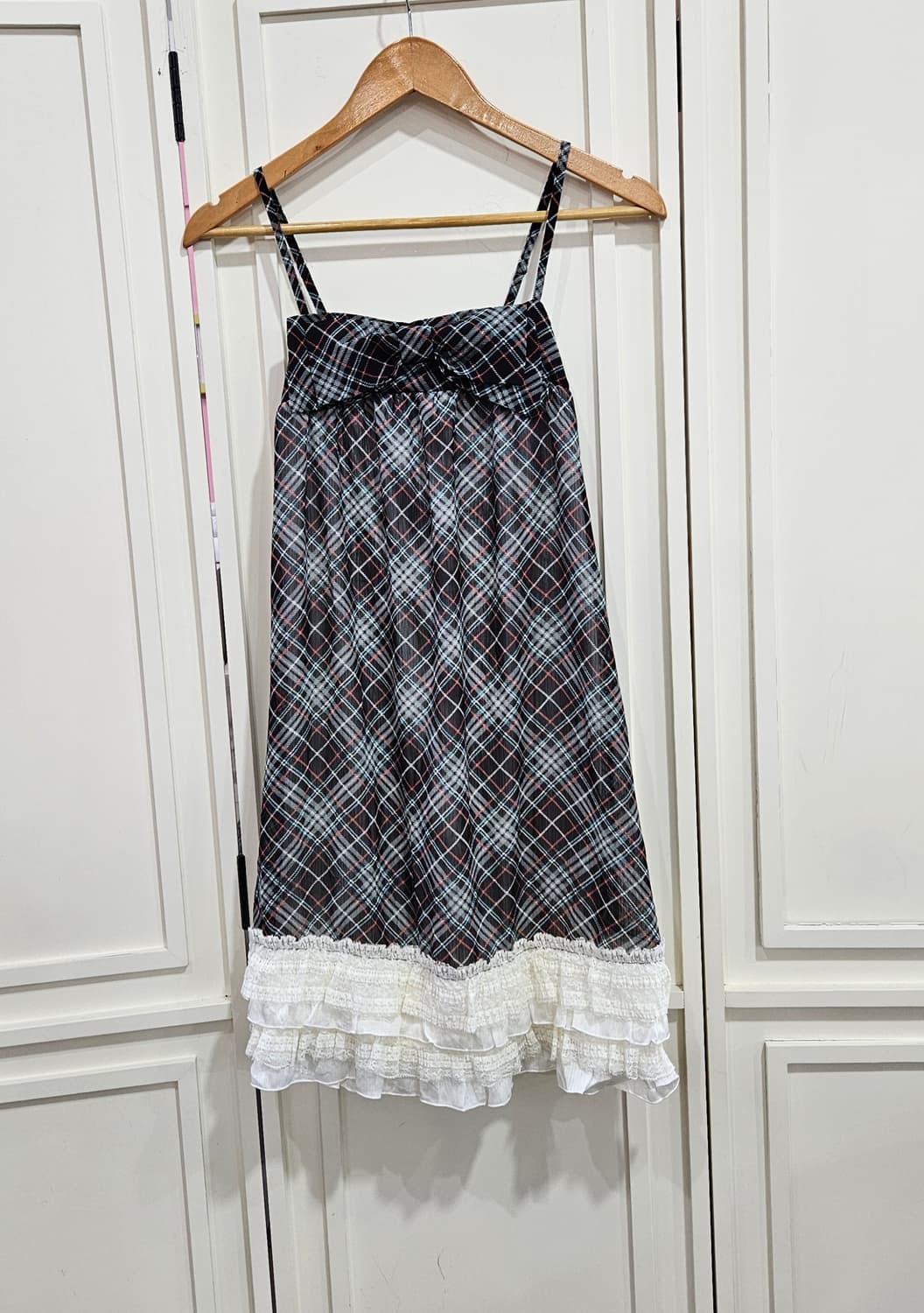 체크 리본 레이스 캐미 원피스 상품이미지1