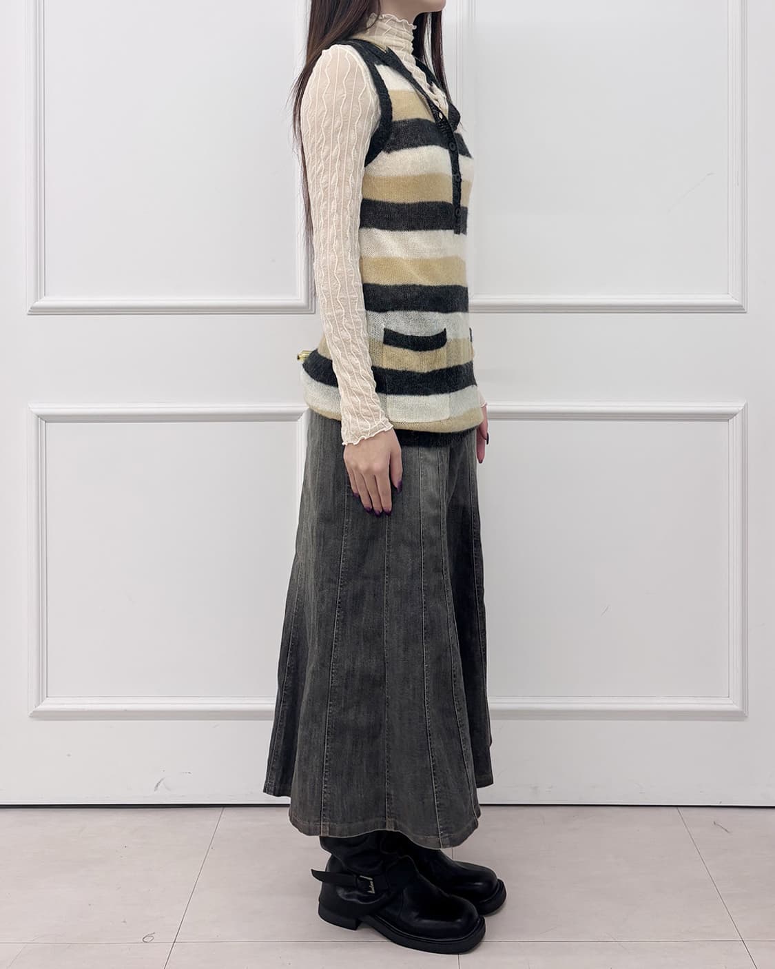 빈티지 샌드 워시 그레이 데님 롱 스커트 상품이미지7