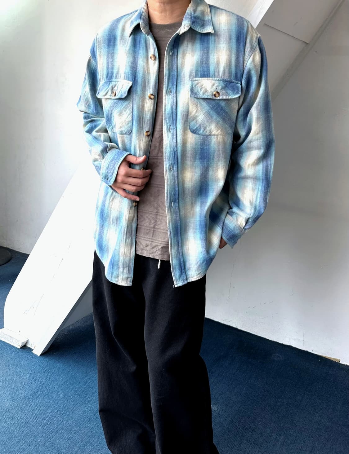 Cotton woven nel check wide shirt 상품이미지4