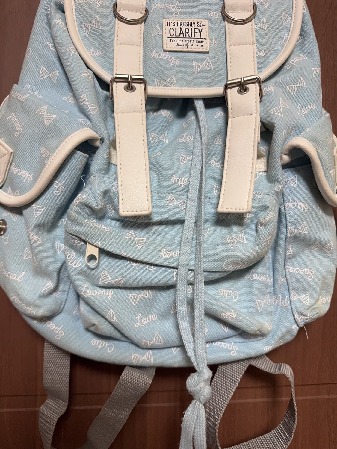 일본 빈티지 모리걸 하늘색 리본 패턴 쓰리포켓 백팩 모리 가방 상품이미지3