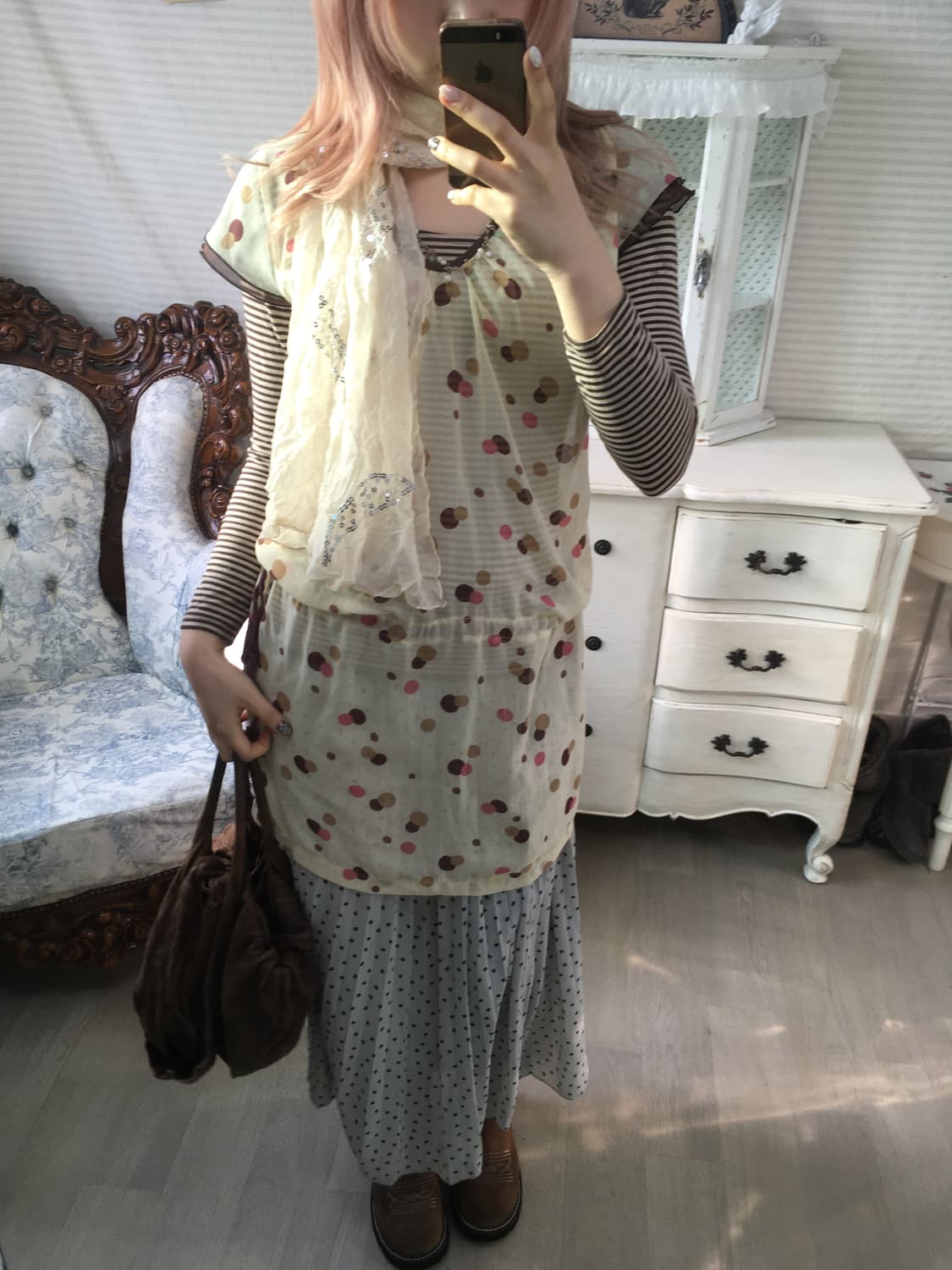 Set) 일본빈티지 도트 블라우스 + 브라운 스트라이프티 상품이미지6