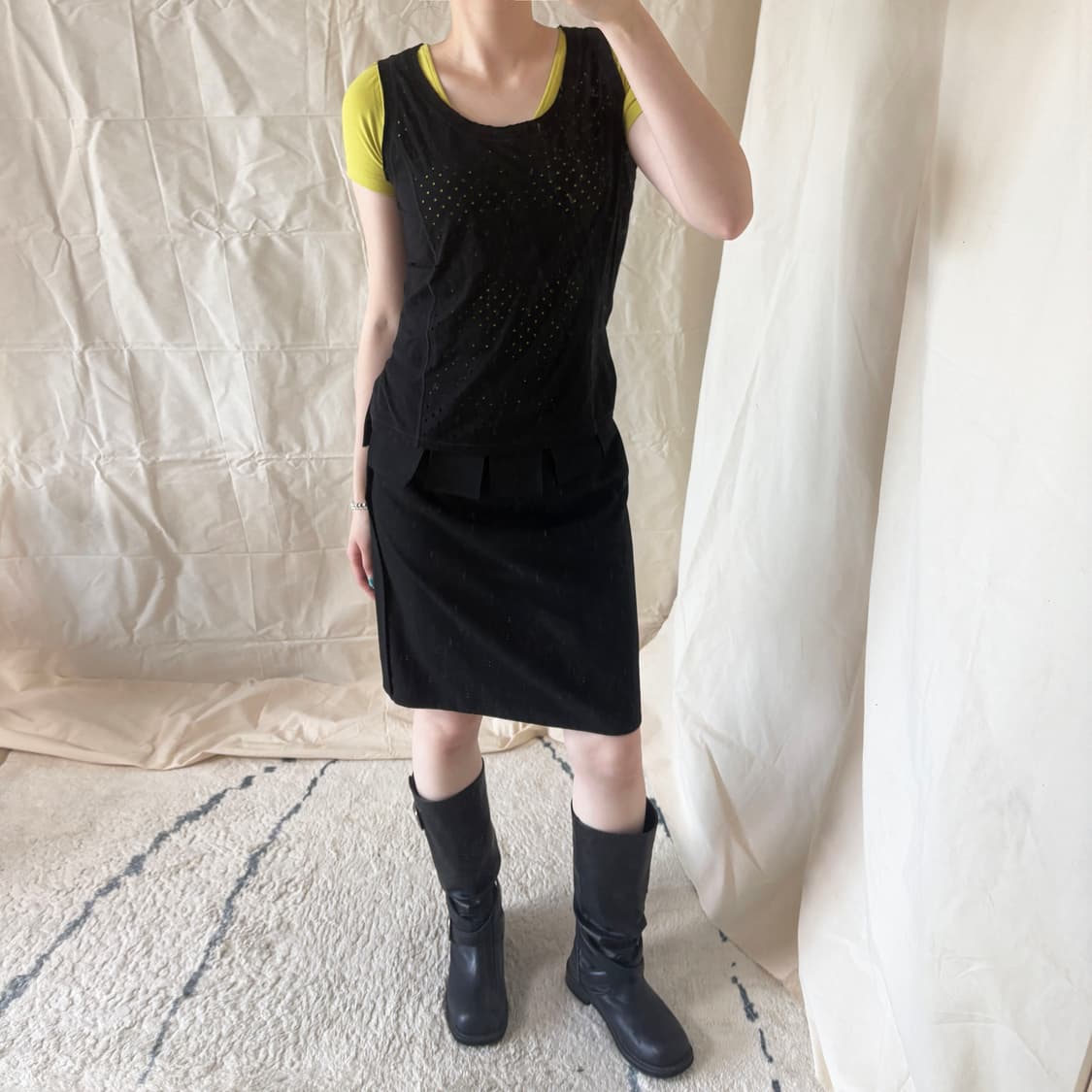 Y's Pleated Flap Detail Black Mini Skirt 상품이미지1