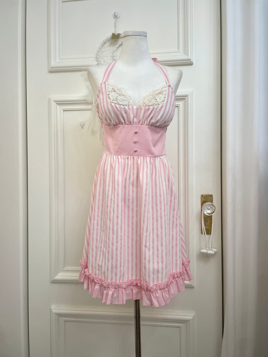pink white stripe lace bow cotton halter 상품이미지1