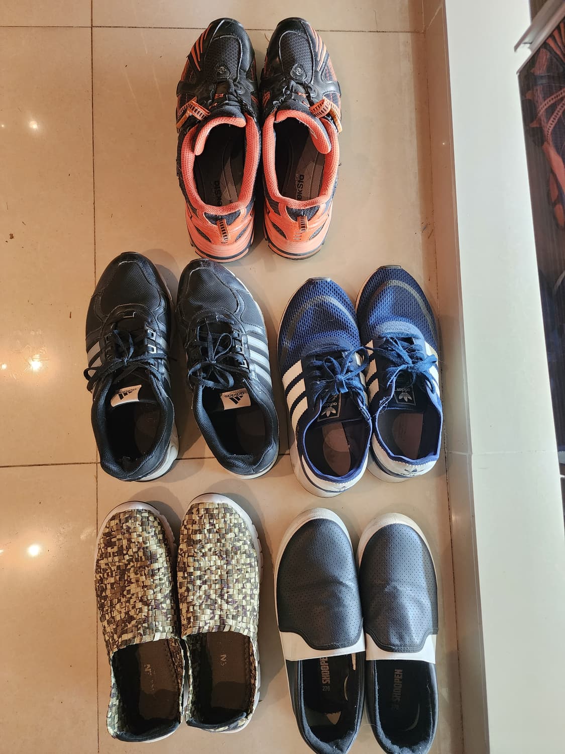 남성 신발 5켤레 일괄 팜.(트랙스타 등산화, 아디다스 운동화, 슬립온) 상품이미지1