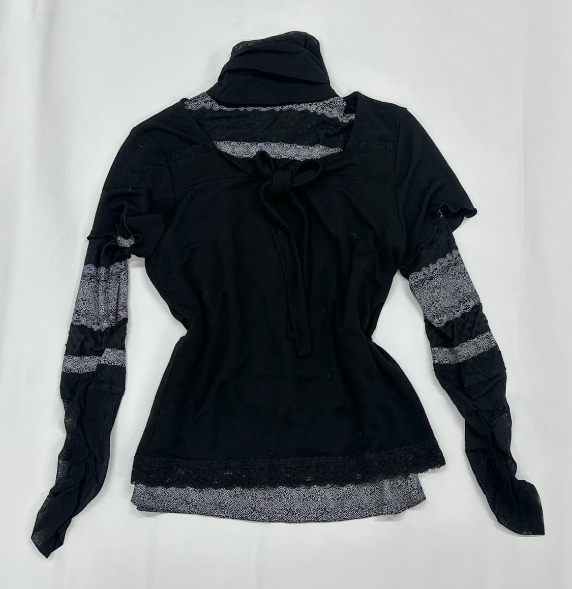 Jpn 블랙 긱시크 에스닉 레이스 레이어드 리본 상의코디세트 상품이미지2