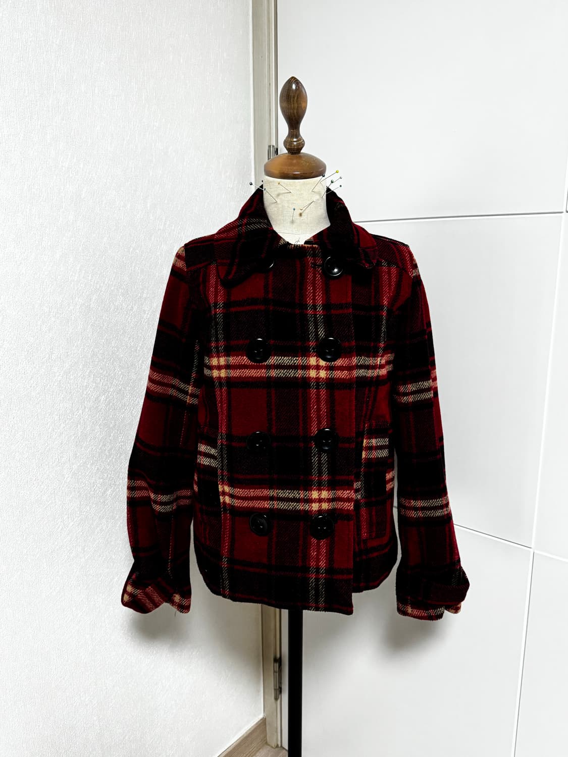 레드 체크 코트 캐캐체 아무깔 숏코트 상품이미지4