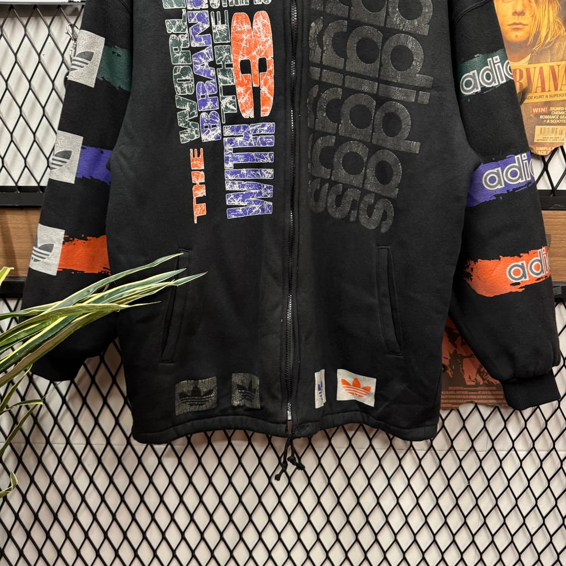 90s 아디다스 올드스쿨 양털 후드 집업 전면 로고플레이 포인트 블랙 상품이미지4