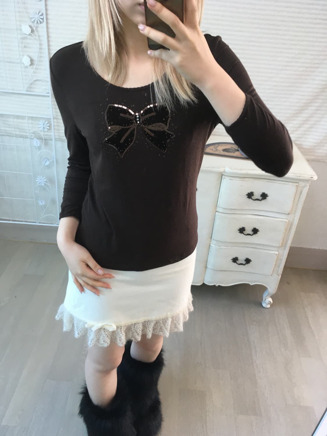 jpn vintage 벨루아 리본 비즈 티셔츠 상품이미지2