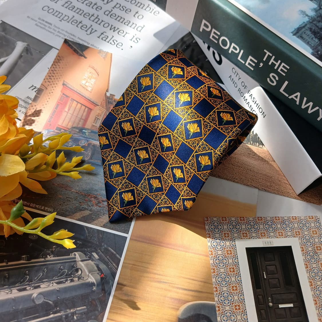 랑방 실크 네이비 플라워 패턴 넥타이 9.5cm S등급 E840 상품이미지4