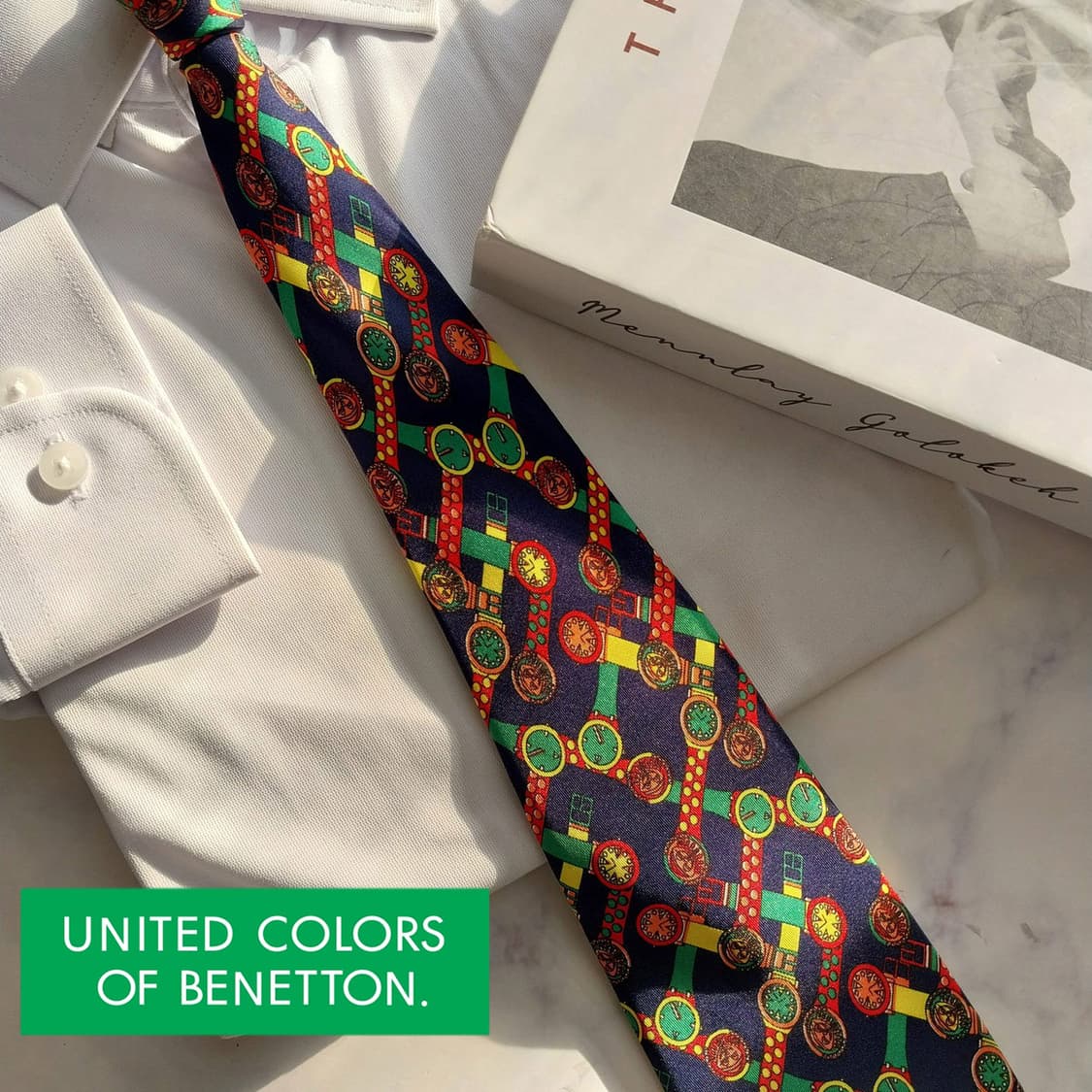 베네통 실크 네이비 워치 모티브 넥타이 9.3cm A+등급 K5149 상품이미지1