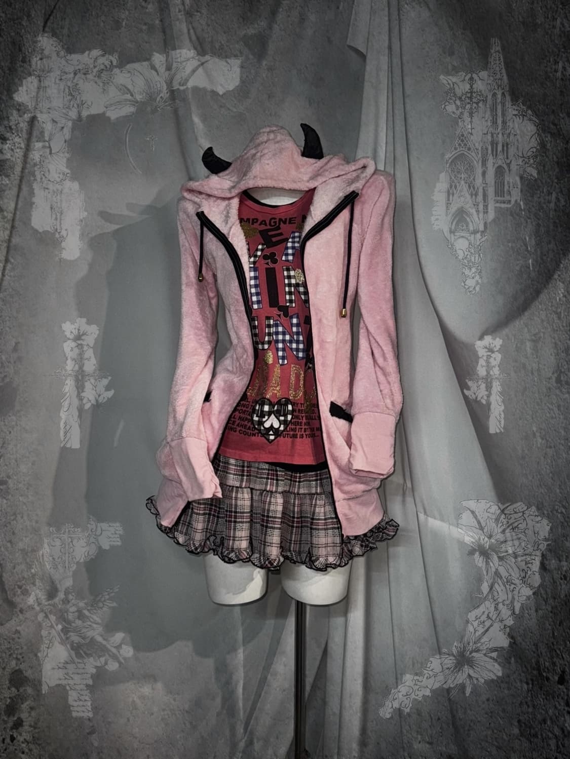 리즈리사 키치 히메 핑크 데빌 후드 딱붙 원피스 후드집업  상품이미지1