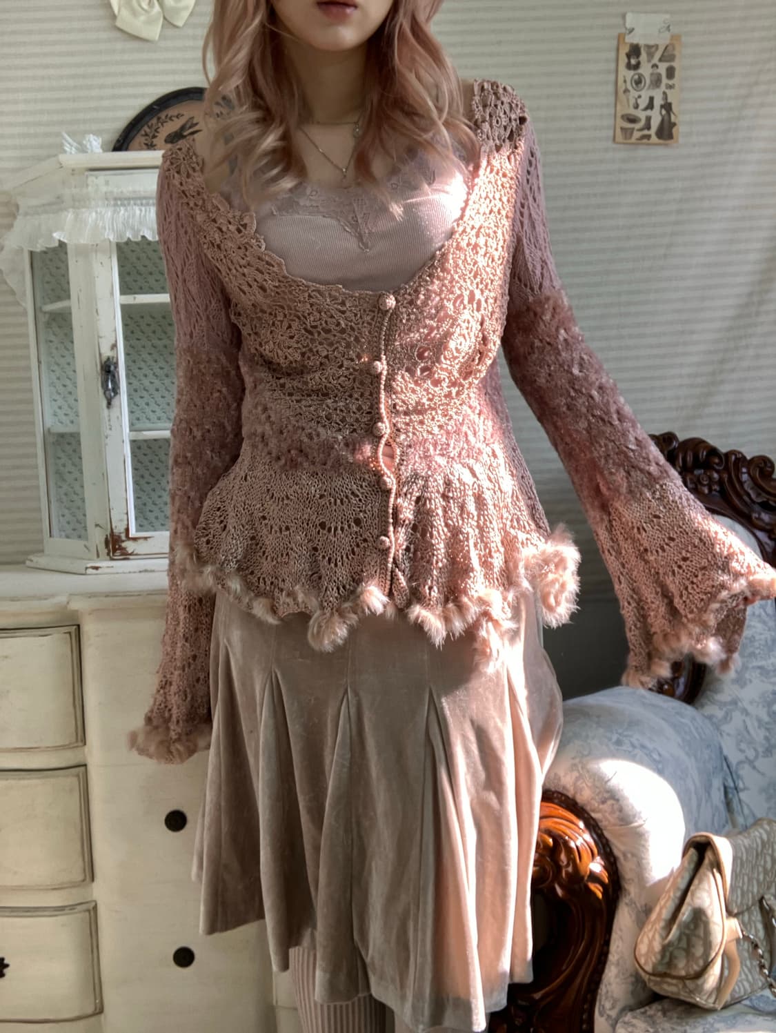 jpn vintage 레이스 벨루아 미디 스커트 상품이미지7