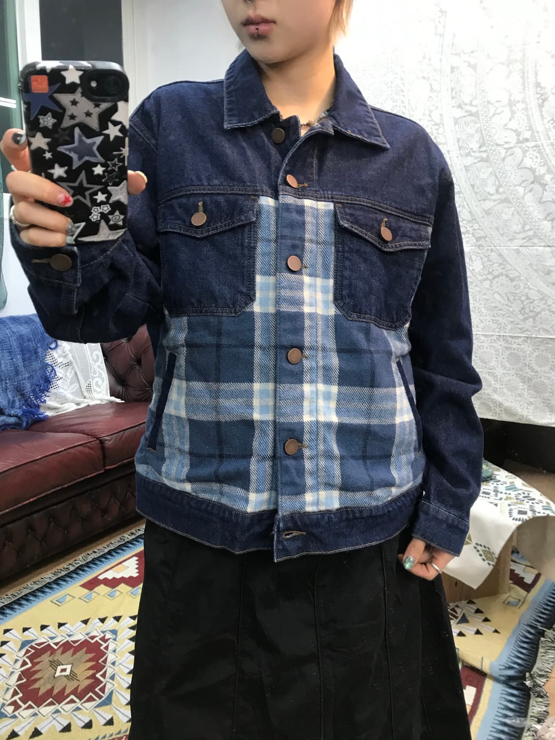 여성 빈티지 투포켓 체크 데님 트러커 청자켓  상품이미지1