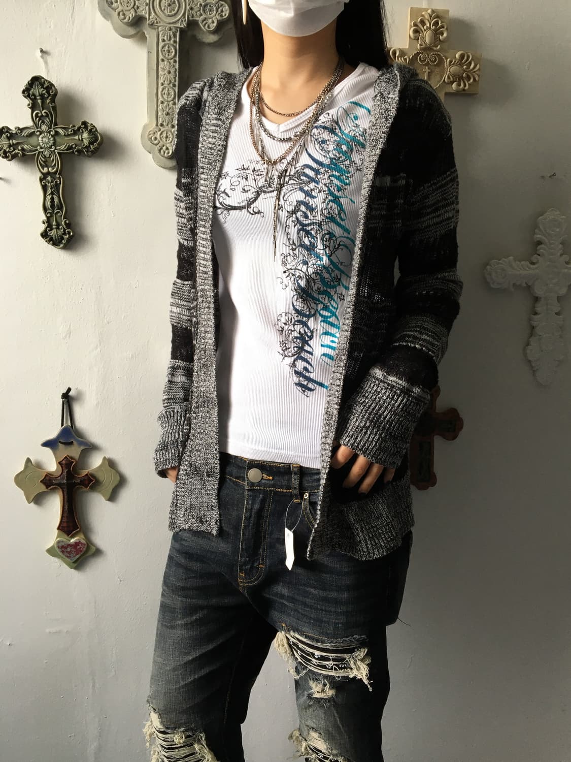 Tied stripe pattern hood cardigan 상품이미지8