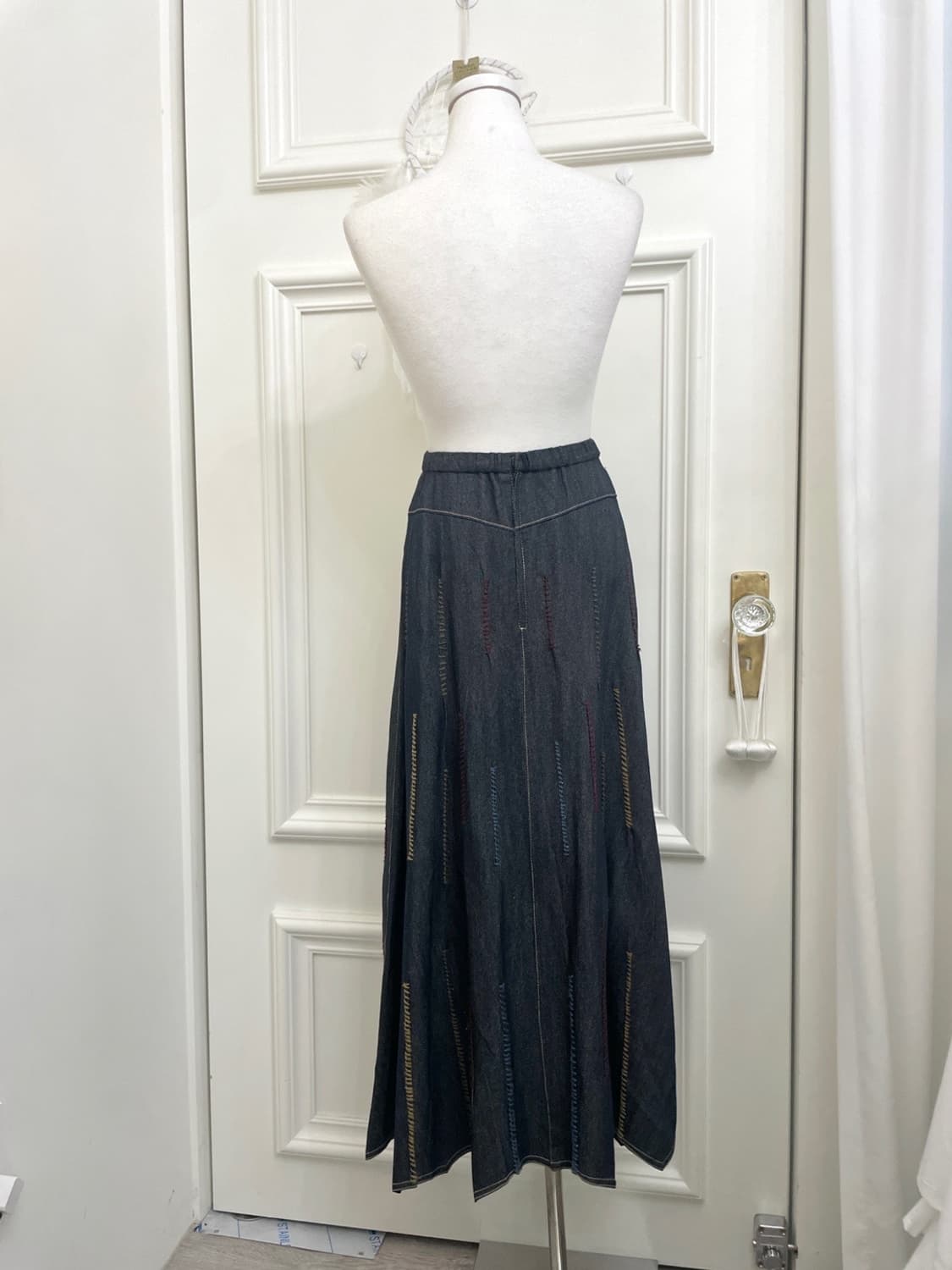 denim flare embroidery point long skirt 상품이미지3