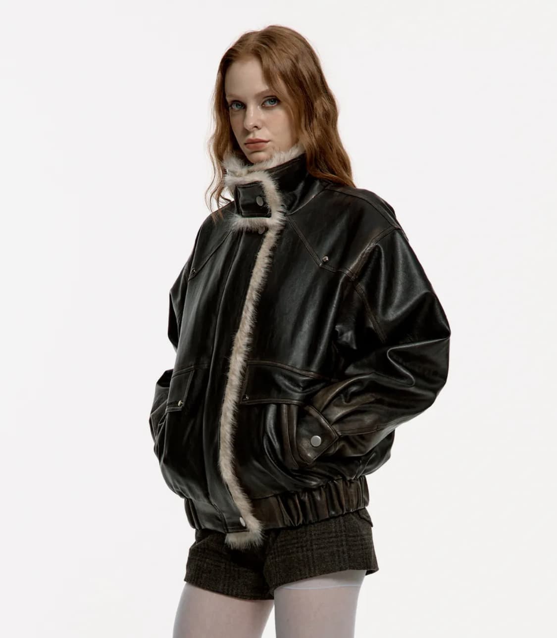 러프넥 워싱 레더 무스탕 자켓 상품이미지1