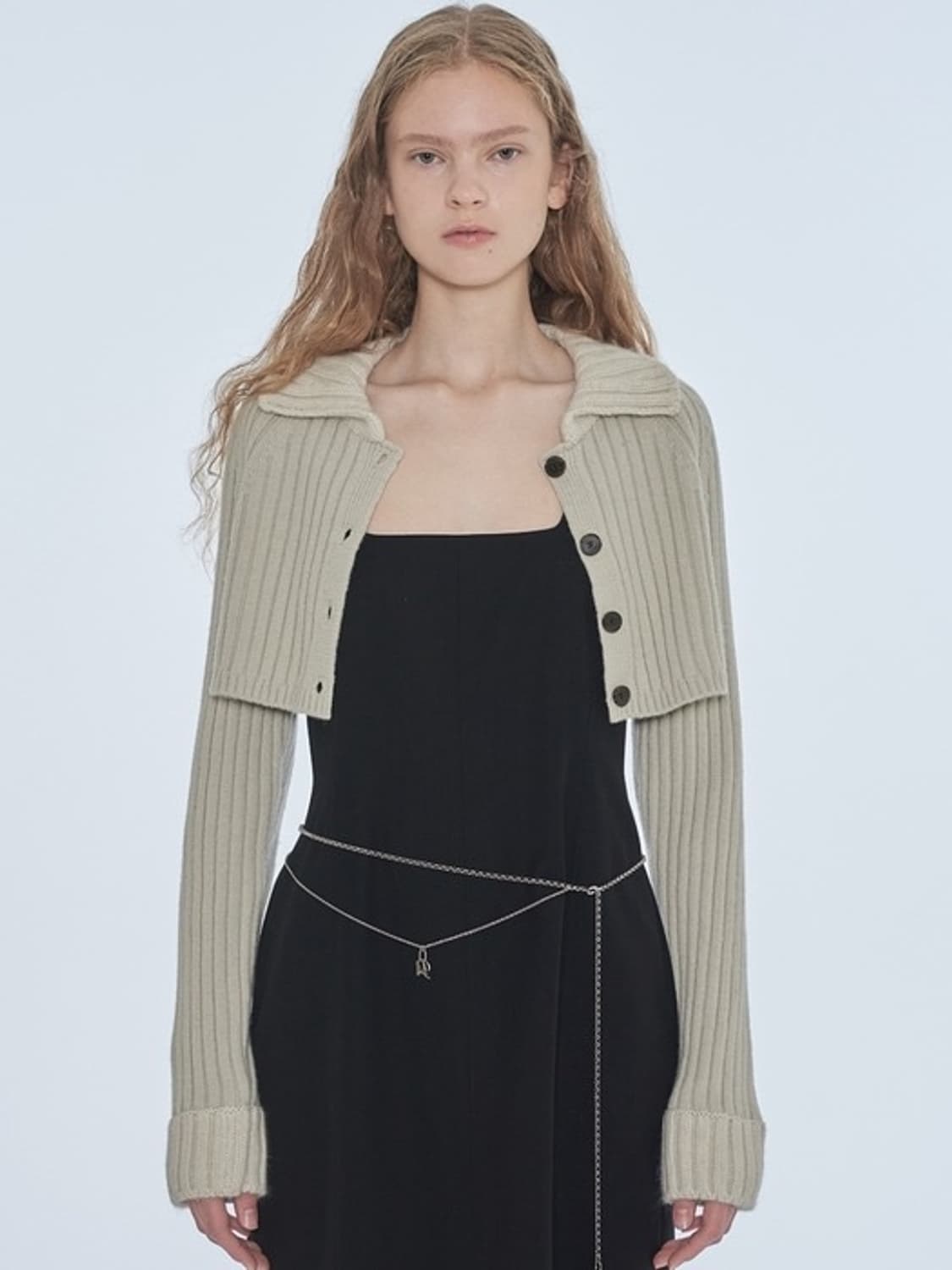 택O) 다이애그널 리브드 카라 볼레로 가디건 그레이 상품이미지1