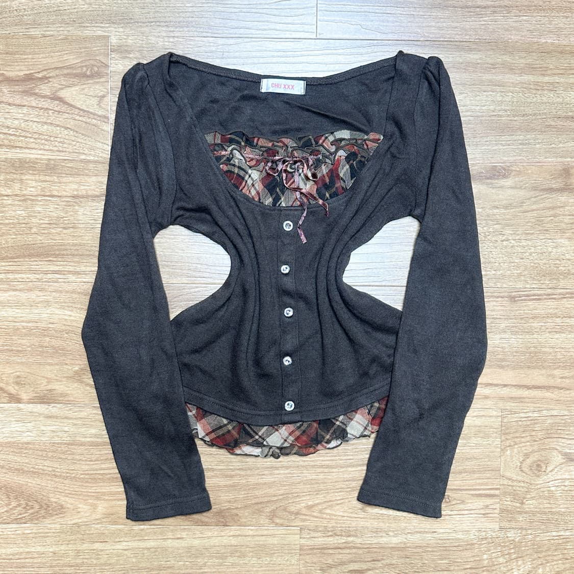 빈티지 브라운 체크 리본 보석 레이어드 티셔츠 히메갸루 로걀 발레코어 상품이미지1