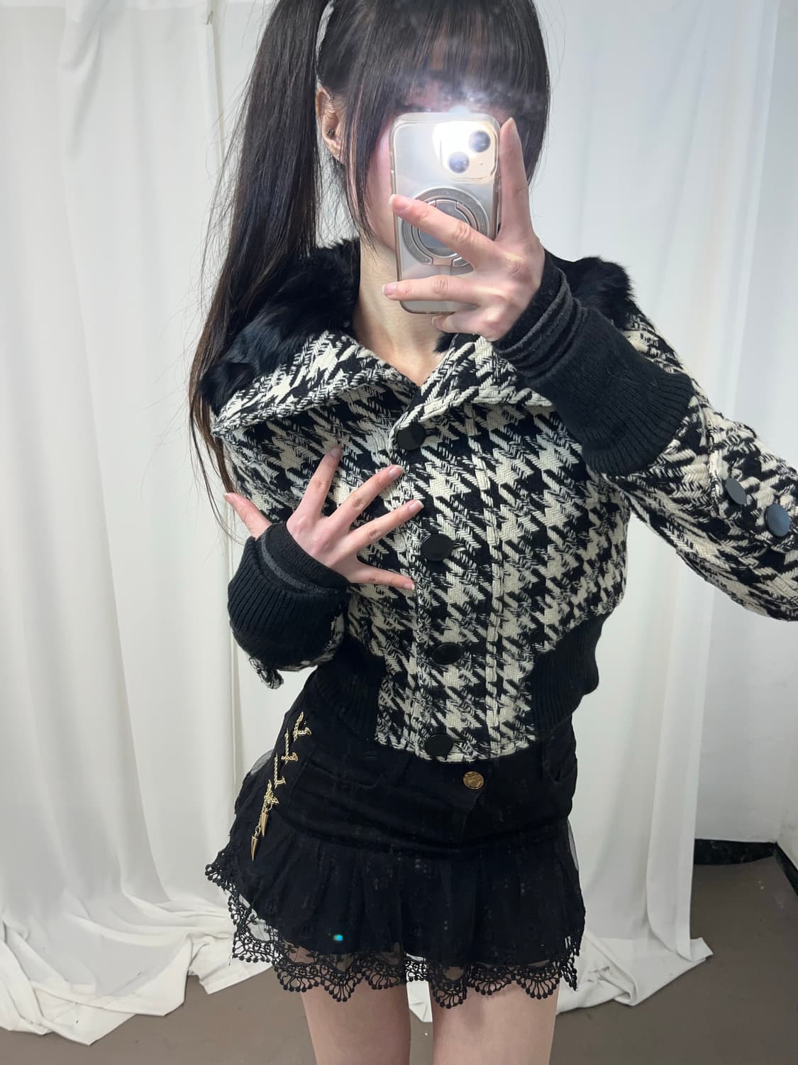 체크 카라 래빗퍼 숏코트 자켓 상품이미지3