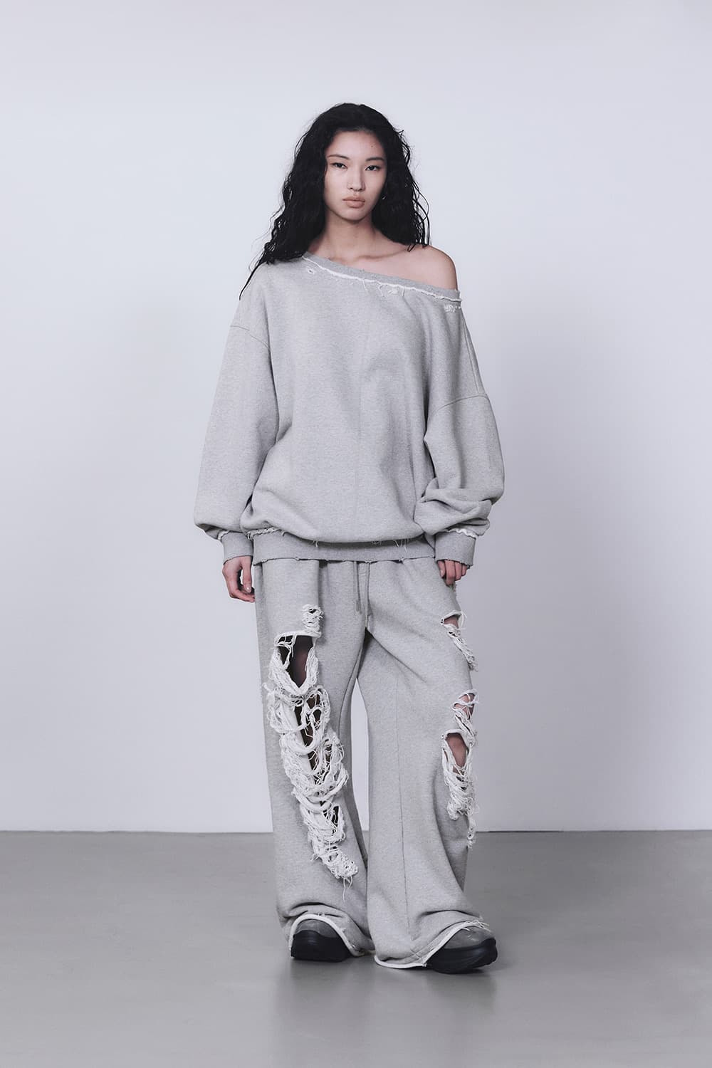 트리밍버드 스크래치 데미지 와이드 스웻 팬츠 그레이 상품이미지2