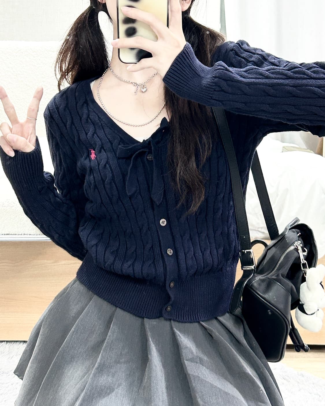 폴로 핑크포니 네이비 리본 케이블 가디건 상품이미지2