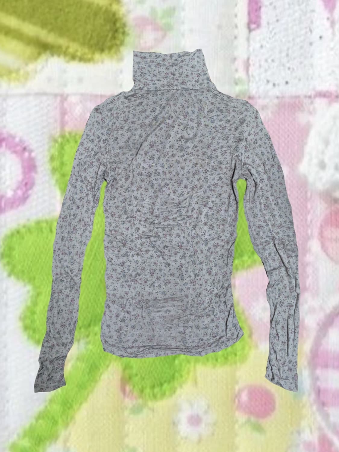 빈티지 모리걸 브라운 플라워 패턴 터틀넥 폴라티 긴팔티 레이어드 상품이미지1