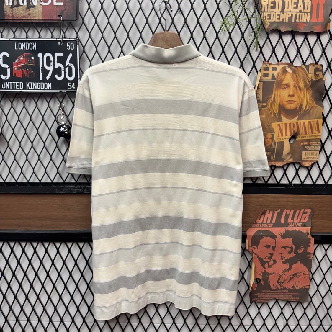 90s 버버리 스트라이프 패턴 반팔 PK 그레이 아이보리 상품이미지2