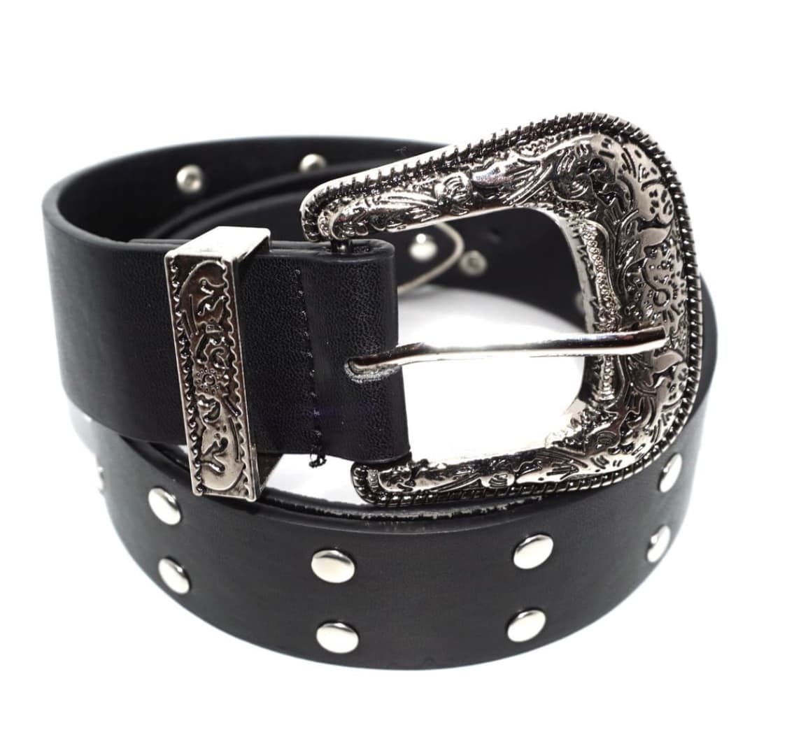 Western Engraved Silver Buckle Black Lea 상품이미지1