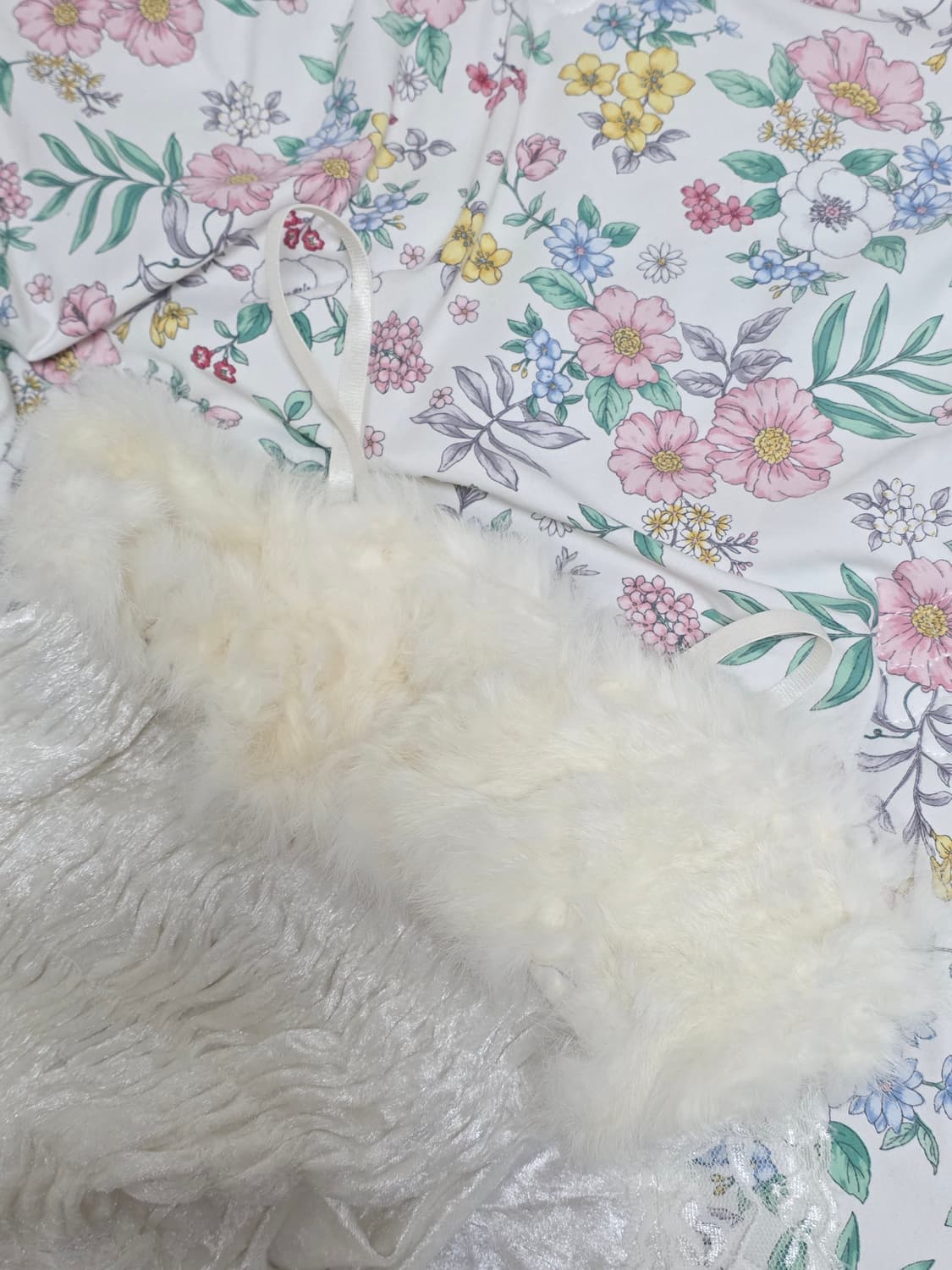 일본빈티지)화이트 페어리계 퍼 레이스 플리츠 롱슬리브리스 벨벳원피스 상품이미지3