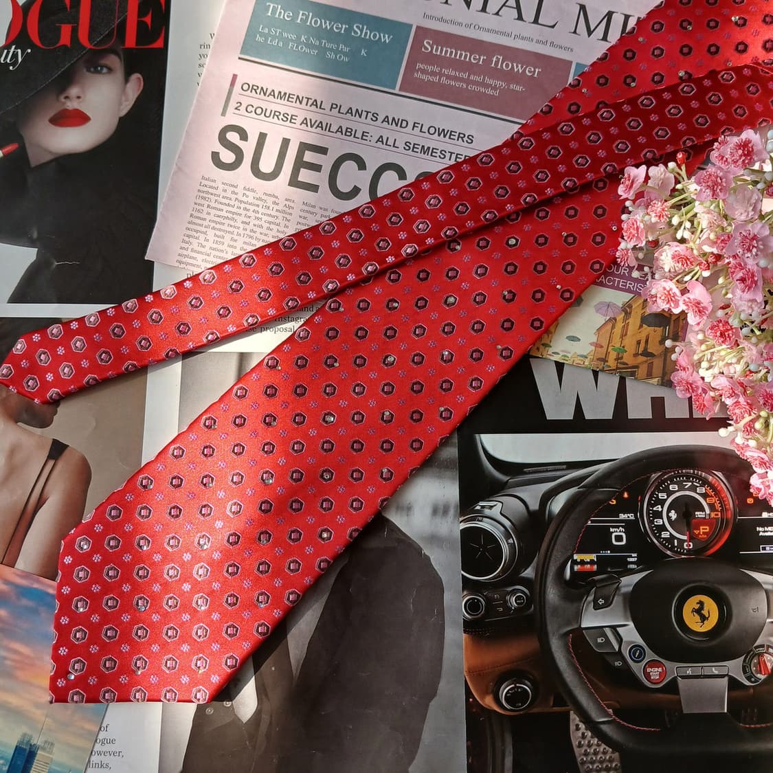니나리치 실크 레드 패턴 넥타이 9.6cm A+등급 A19837 상품이미지5