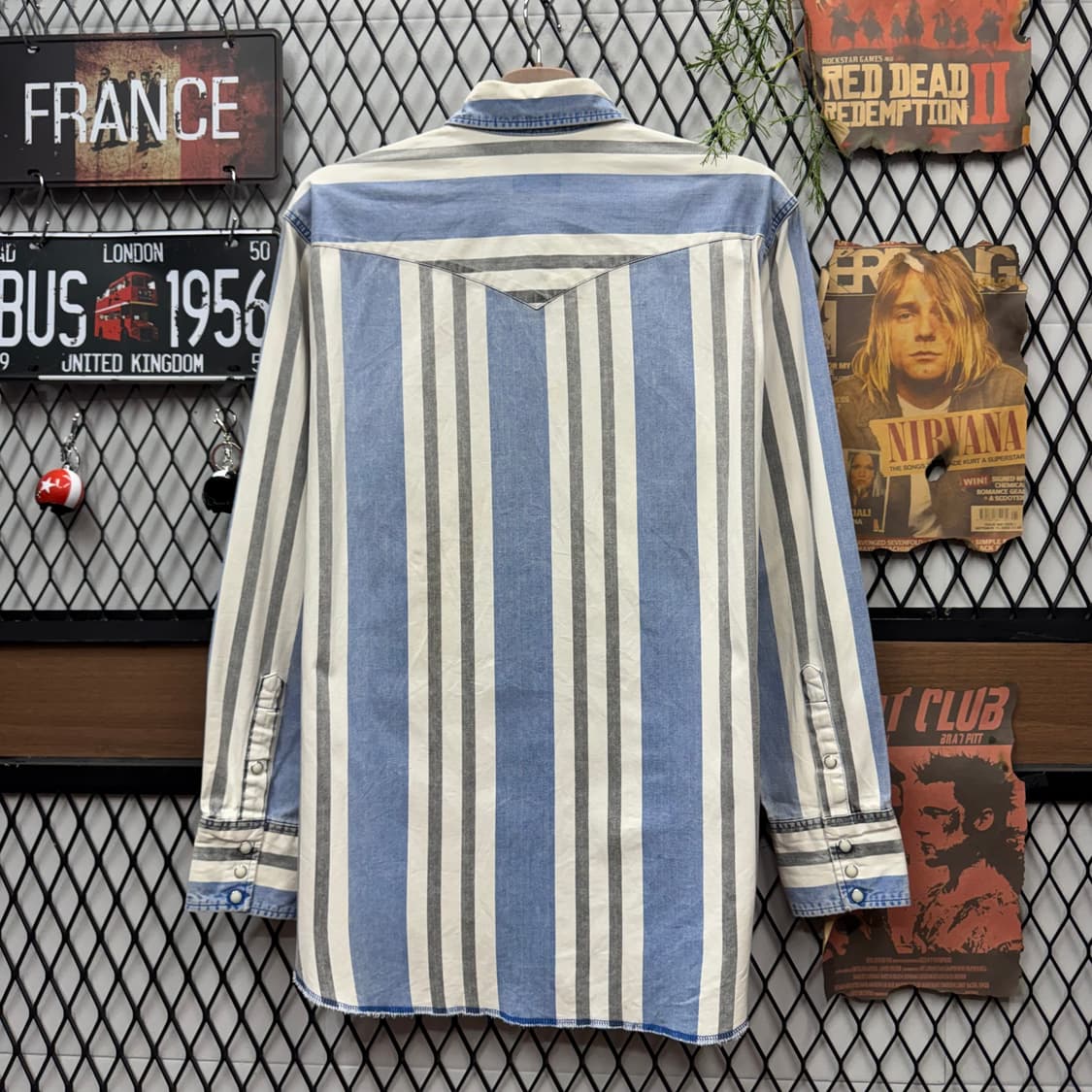 00s 랭글러 스트라이프 웨스턴 셔츠 전면 투포켓 포인트 블루 화이트 상품이미지2