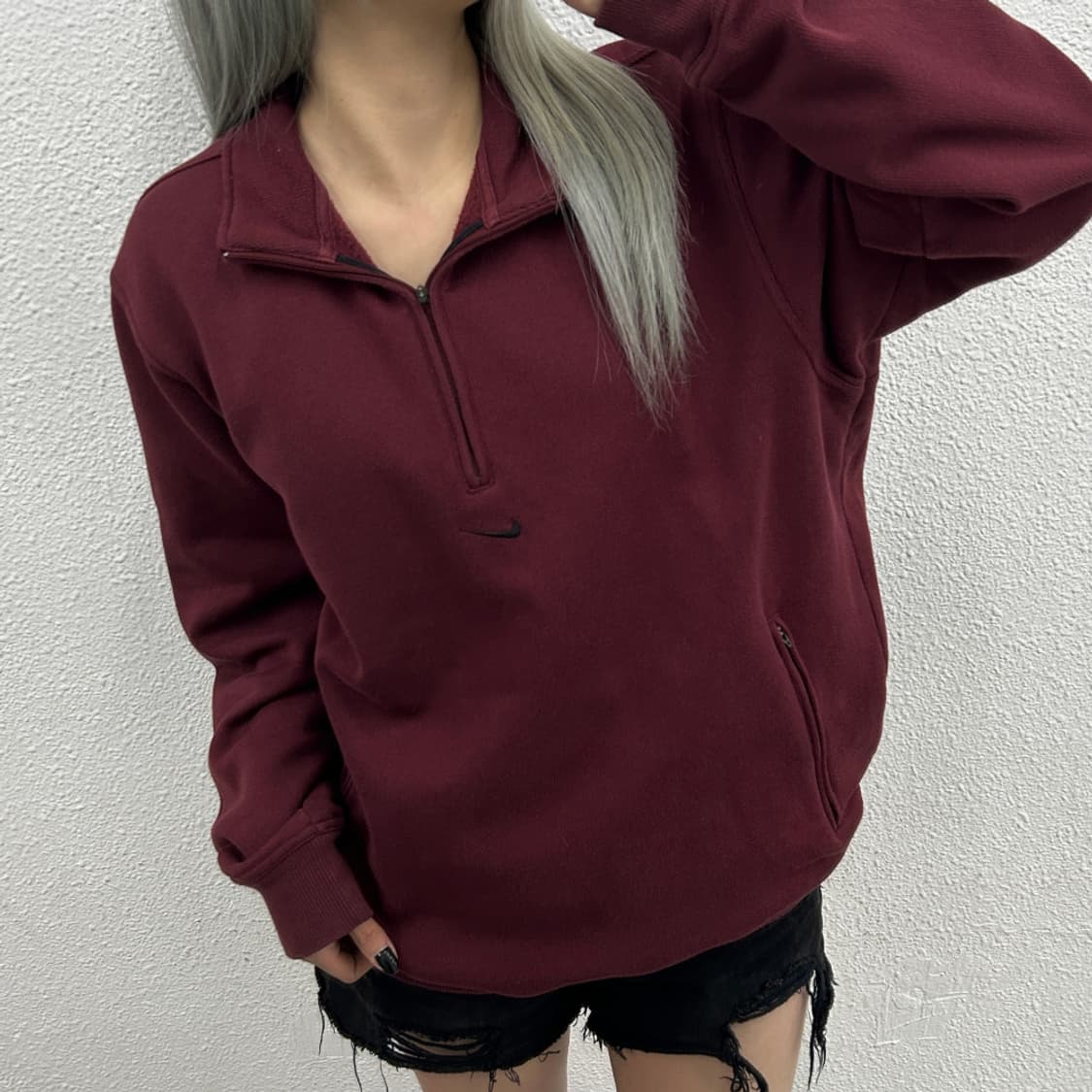 나이키 블랙 스우시 포켓 버건디 반집업 맨투맨 L 상품이미지1