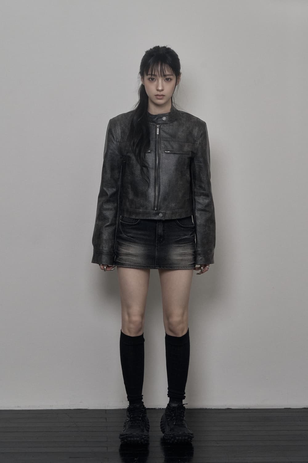 카키포인트 레이싱 레더 자켓 다크 그레이 상품이미지3