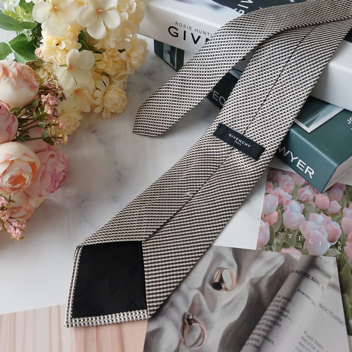 지방시 실크 베이지 자카드 패턴 넥타이 8.8cm S~A+등급 E756 상품이미지5